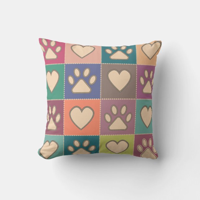 Country Cottage Paw Prints and Hearts Pattern Cushion (Front)
