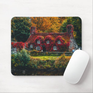 Country Cottage with Red Vines Covering Home Mouse Mat