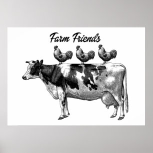 Country cow and Roosters Vintage poster
