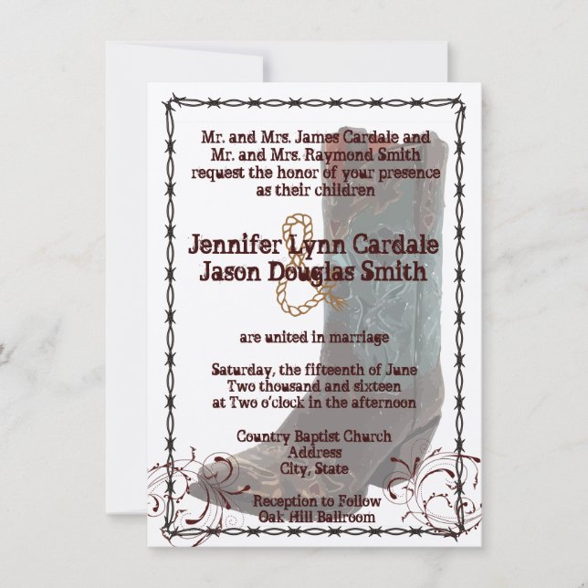 Country Cowboy Boots Barbed Wire Wedding Invites (Front)