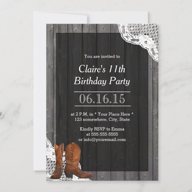 Country Cowboy Boots Lace & Wood Birthday Party Invitation (Front)