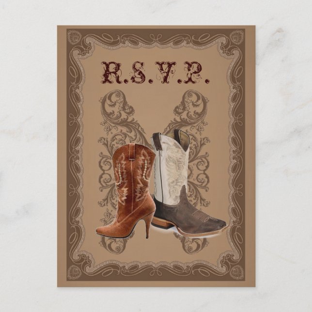 Country Cowboy Boots Western Wedding rsvp Invitation Postcard (Front)