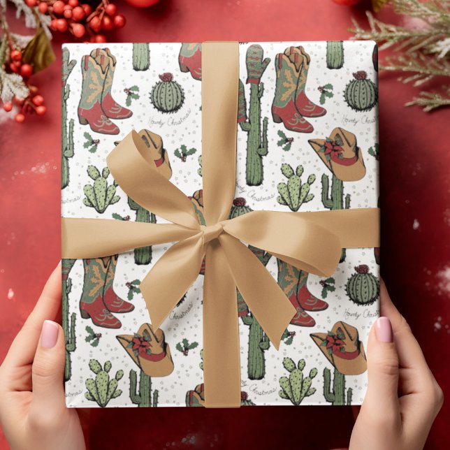Country Cowboy Howdy Christmas Wrapping Paper (Festive Country Xmas Hand-Drawn Art. Cowboy Boots, Cacti, Winter Gloves, Poinsettia, Holly & Stars.)