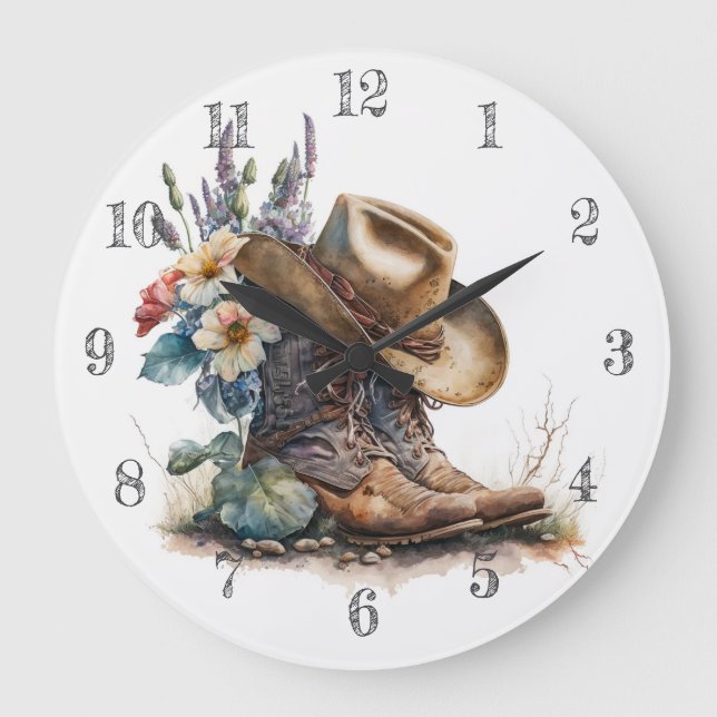 Country Cowgirl Boots Flower Hat Texas Large Clock (Front)