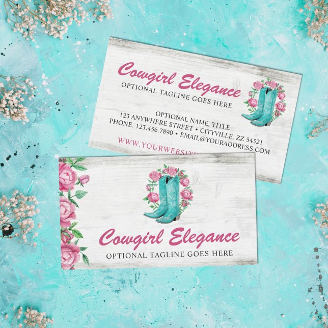 Country Cowgirl Boots & Shabby Roses Rustic Wood Business Card (Creator Uploaded)