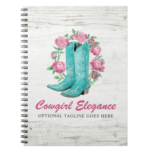 Country Cowgirl Boots & Shabby Roses Rustic Wood Notebook (Front)