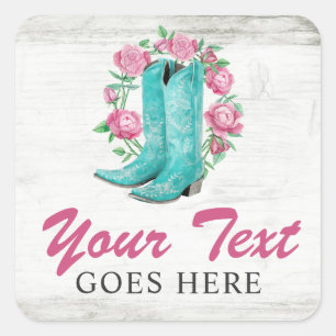 Country Cowgirl Boots & Shabby Roses Rustic Wood Square Sticker