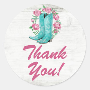 Country Cowgirl Boots Shabby Roses Wood Thank You Classic Round Sticker