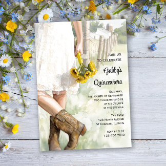 Country Cowgirl Sunflowers Watercolor Quinceañera Invitation
