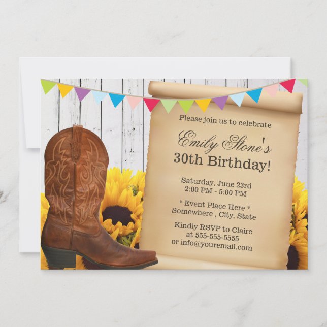 Country Cowgirl & Sunflowers Wood Birthday Party Invitation (Front)