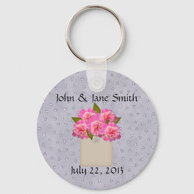 Country Crock Of Peonies Wedding Favour Keychain (Front)