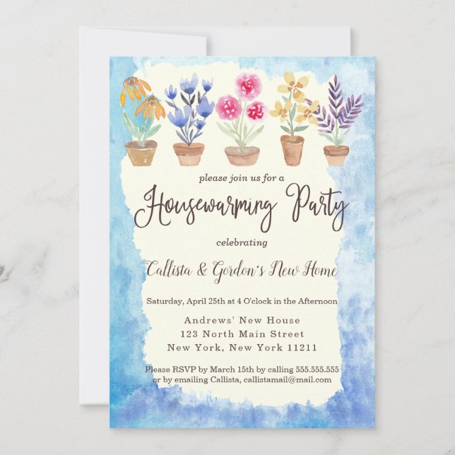 Country Cute Watercolor Potted Plants Housewarming Invitation (Front)