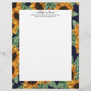 Country Cute Yellow Navy Sunflowers Watercolor Custom Letterhead