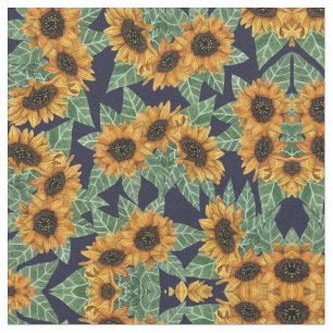 Country Cute Yellow Navy Sunflowers Watercolor Fabric
