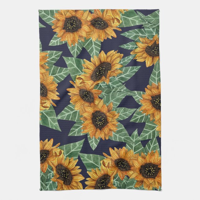 Country Cute Yellow Navy Sunflowers Watercolor Tea Towel (Vertical)