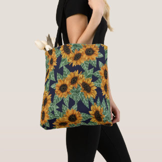 Country Cute Yellow Navy Sunflowers Watercolor Tote Bag