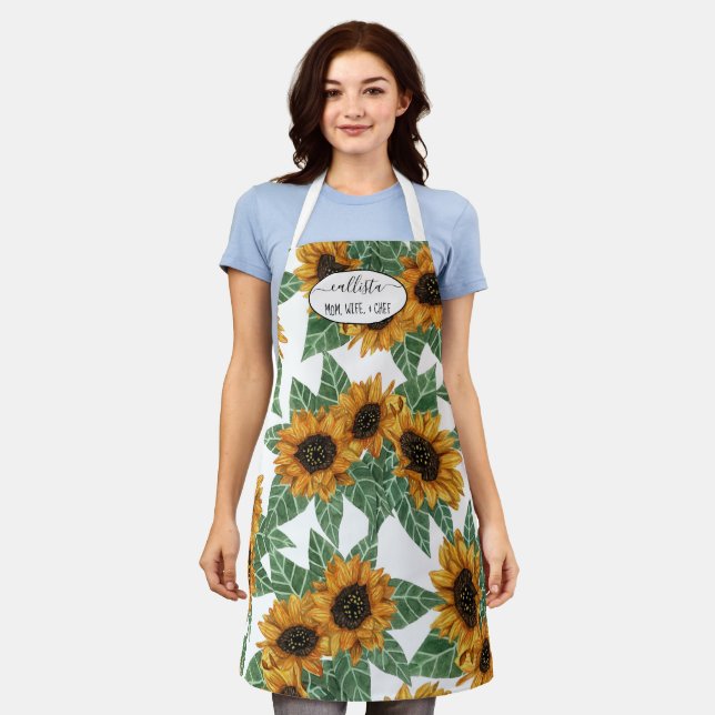 Country Cute Yellow Sunflowers Watercolor Pattern Apron (Worn)