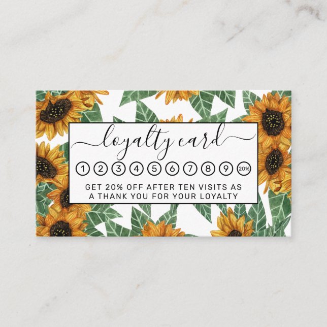 Country Cute Yellow Sunflowers Watercolor Pattern Loyalty Card (Front)
