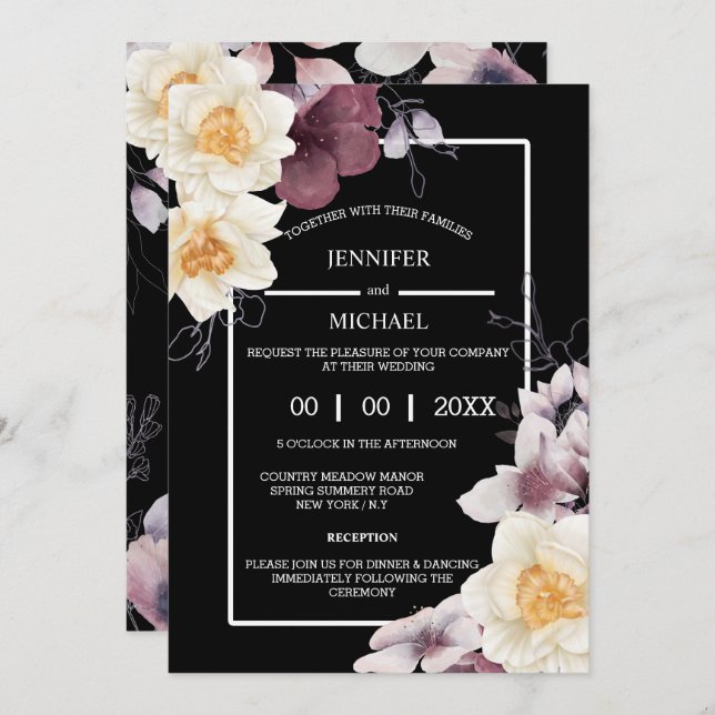 Country daffodil dark moody botanical floral invitation (Front/Back)