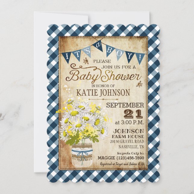 Country Daisies Gingham Check Boy Baby Shower Invitation (Front)