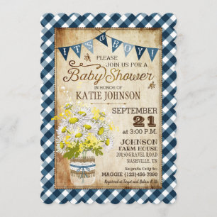 Country Daisies Gingham Check Boy Baby Shower Invitation