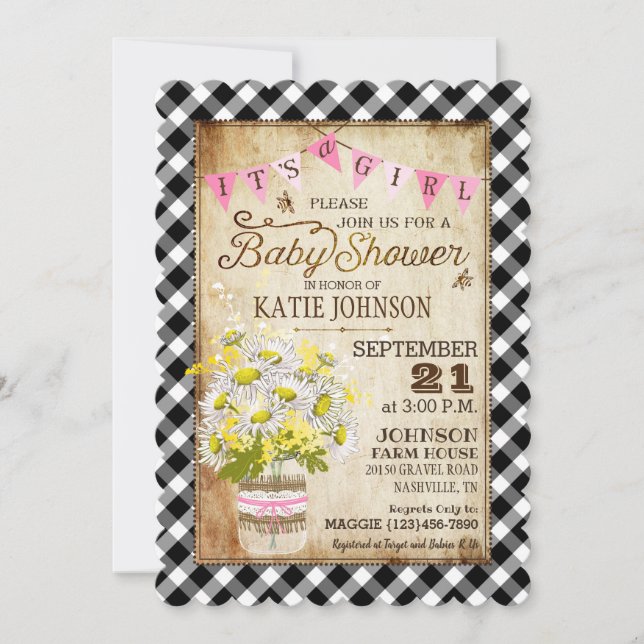 Country Daisies Gingham Check Girl Baby Shower Invitation (Front)