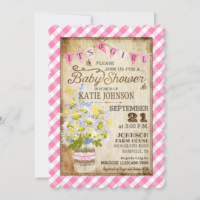 Country Daisies Gingham Check Girl Baby Shower Invitation (Front)