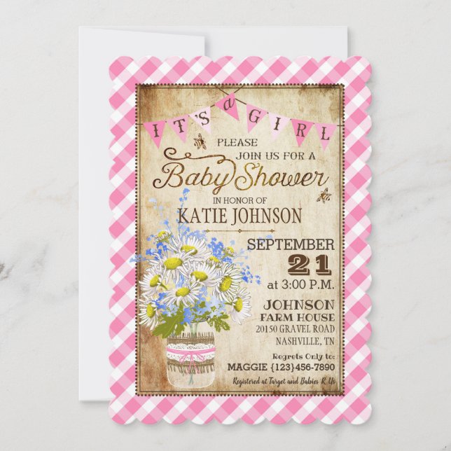 Country Daisies Gingham Check Girl Baby Shower Invitation (Front)