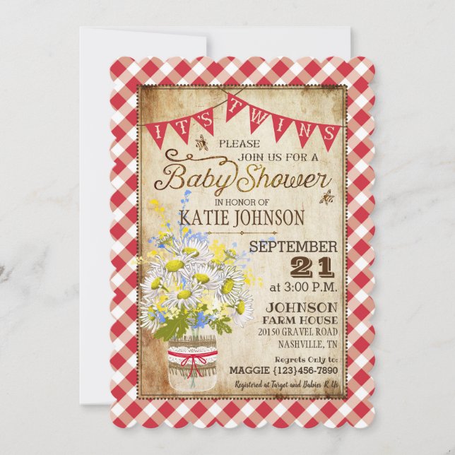 Country Daisies Gingham Check Twins Baby Shower Invitation (Front)