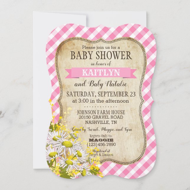Country Daisies Pink Gingham Check Baby Shower Invitation (Front)