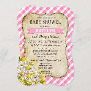 Country Daisies Pink Gingham Check Baby Shower Invitation
