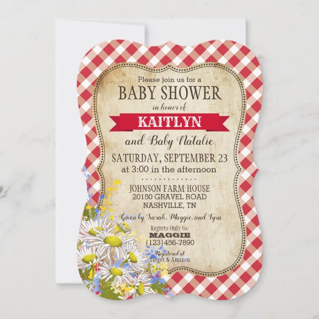 Country Daisies Red Gingham Check Baby Shower Invitation (Front)