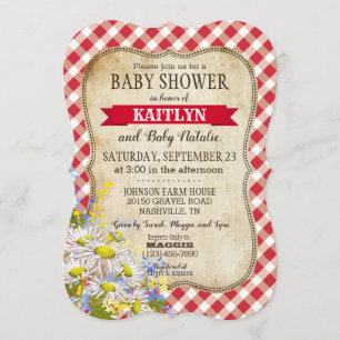 Country Daisies Red Gingham Check Baby Shower Invitation