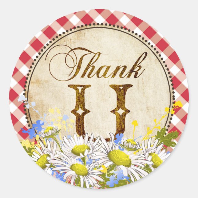 Country Daisies Red Gingham Check Thank You Classic Round Sticker (Front)