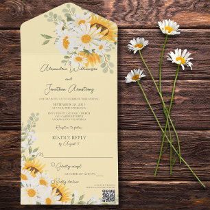 Country Daisies & Sunflowers on Pale Gold QR Code All In One Invitation