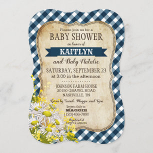 Country Daisy Navy Blue Gingham Check Baby Shower Invitation