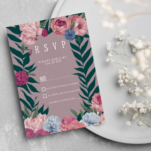 Country dark green mauve pink floral RSVP Invitation
