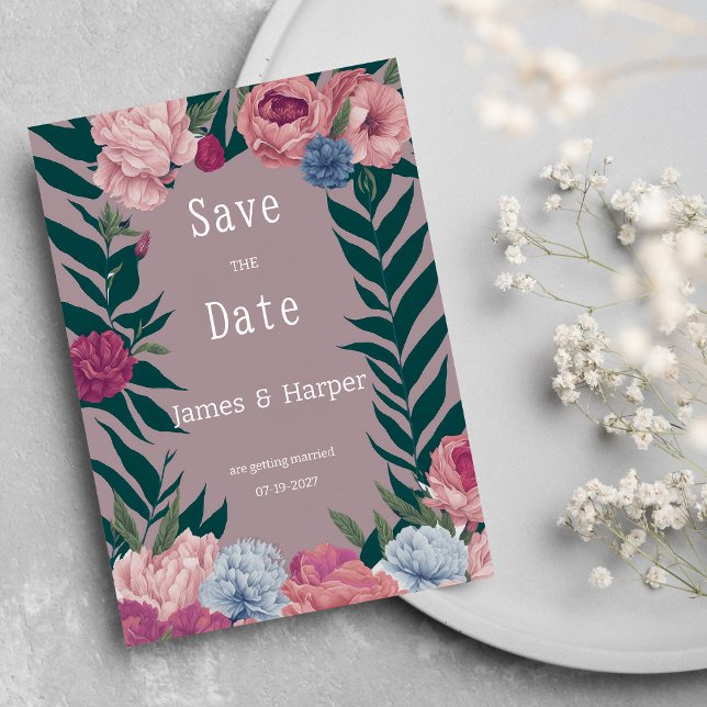 Country dark green mauve pink floral Save the Date Invitation (Country dark green mauve pink floral Save the Date )