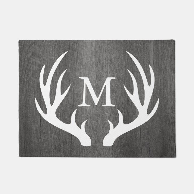 Country Dark Grey Wood White Deer Antlers Monogram Doormat (Front)