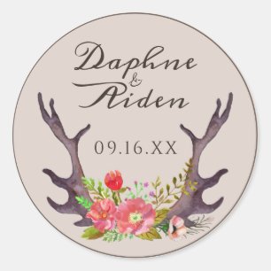 Country Deer Antlers Floral Wedding Name Date Classic Round Sticker