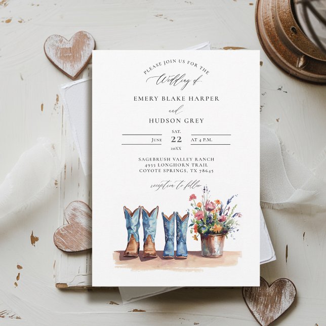 Country Denim Boots Wildflowers Rustic Wedding Invitation (country wedding invitation rustic western barn watercolor cowboy denim boots wildflowers calligraphy)