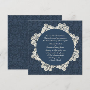 Country Denim Damask & Ivory Lace Wedding Invitation