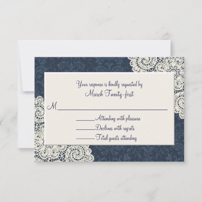 Country Denim Damask & Ivory Wedding RSVP Card (Front)