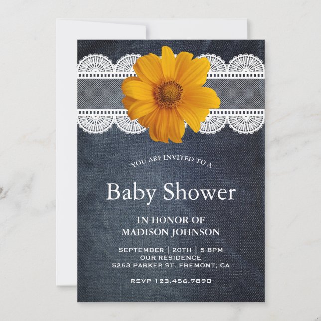Country Denim Lace Sunflower Baby Shower Invitation (Front)
