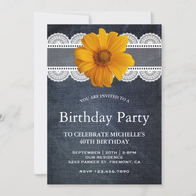 Country Denim Lace Sunflower Birthday Party Invitation (Front)