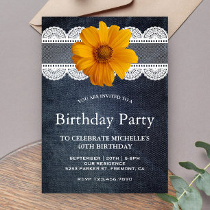 Country Denim Lace Sunflower Birthday Party Invitation