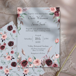 Country Dusty Blue and Burgundy Flowers Wedding Invitation