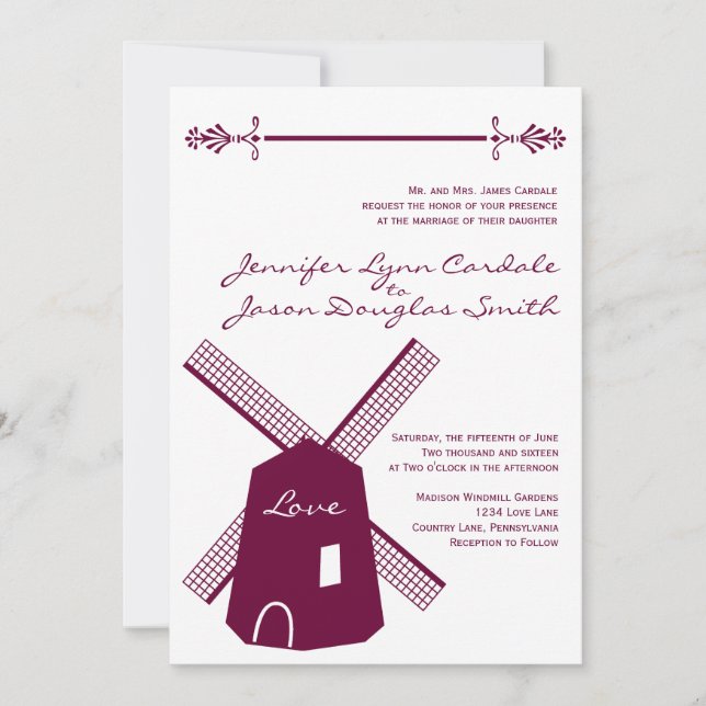 Country Dutch Windmill Purple Wedding Invitations (Front)