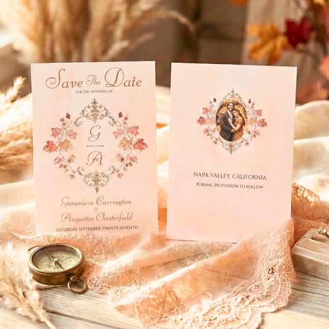 Country Elegance Autumn Watercolor Leaves Photo Save The Date (Creator Uploaded)