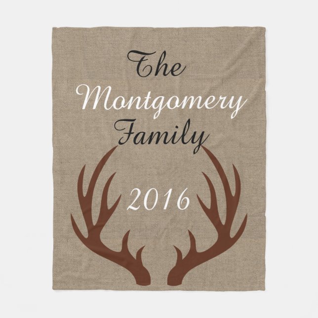 Country Elegant Brown Deer Antlers Faux Burlap Fleece Blanket (Front)